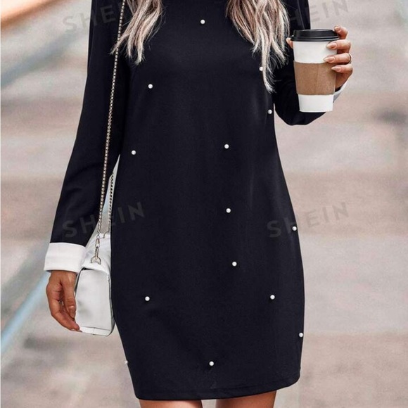 SHEIN Frenchy Contrast Collar Pearls Beaded Dress - Picture 2 of 3